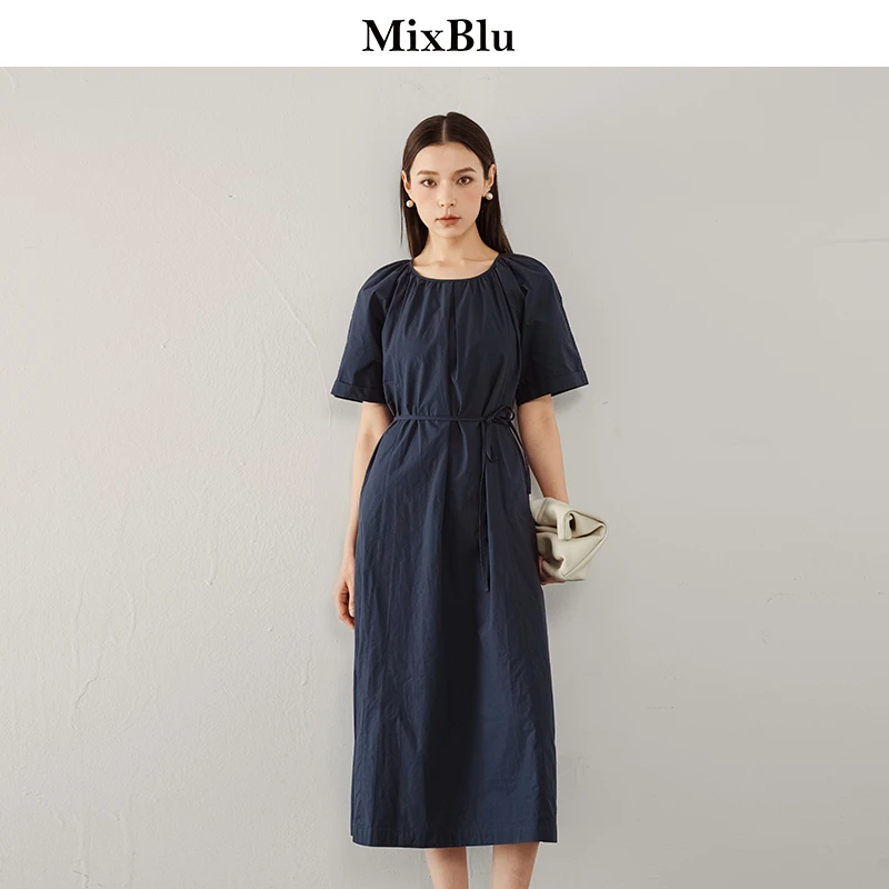 Mixblu休闲简约圆领连衣裙2025夏季新款圆领经典款百搭休闲连衣裙