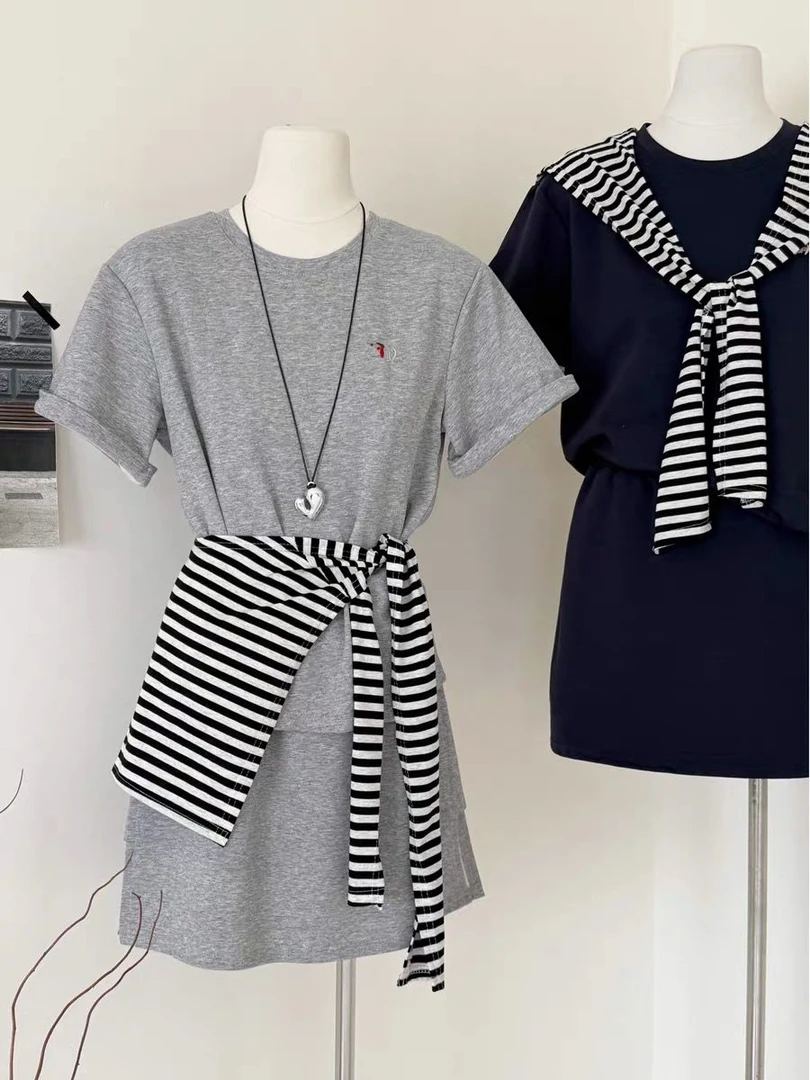 加大码300斤松弛慵懒风小狗洋气短袖T恤夏季半身裙配披肩休闲套装