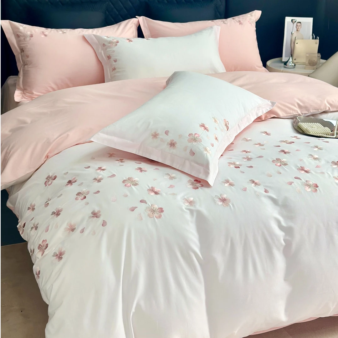 樱花雨A类100全棉绣花四件套四季通用轻奢高档刺绣小清新床上用品
