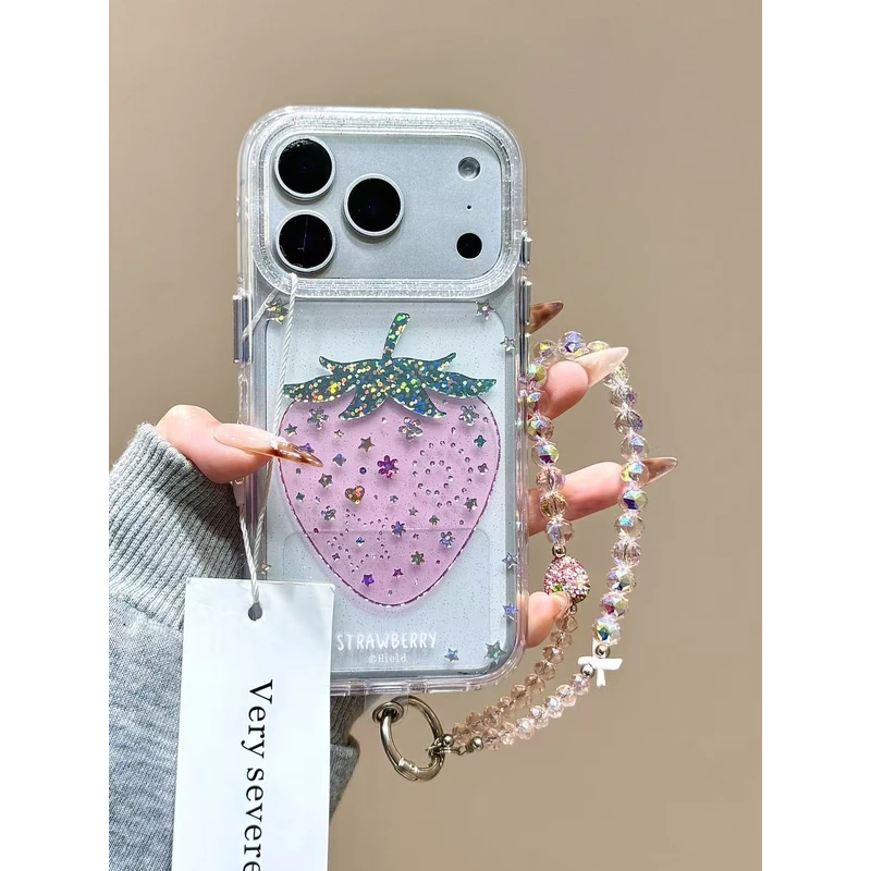 细闪透明鎏金粉色草莓手拎珠链适用苹果17promax手机壳15iphone16