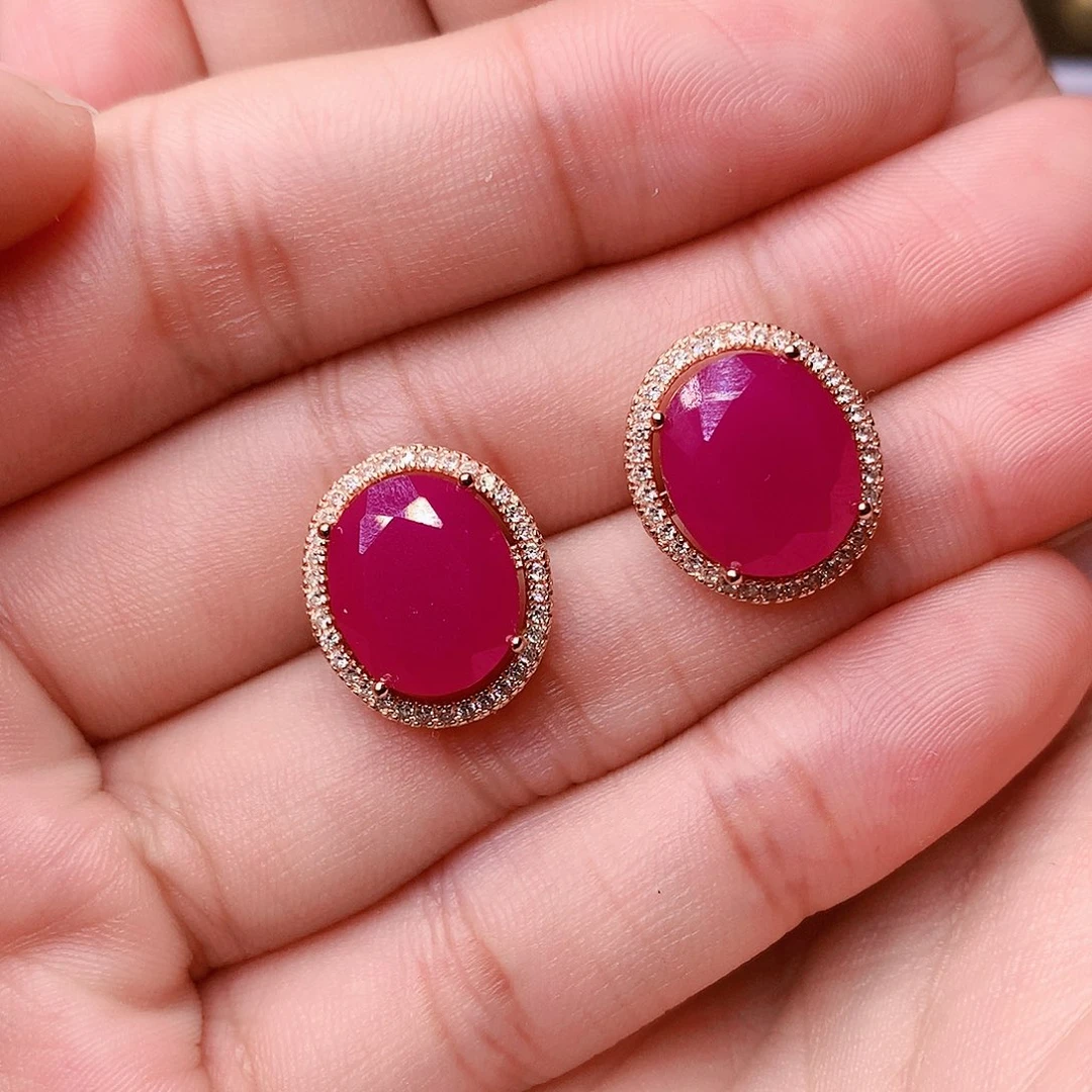 红宝石耳饰银S925镶嵌