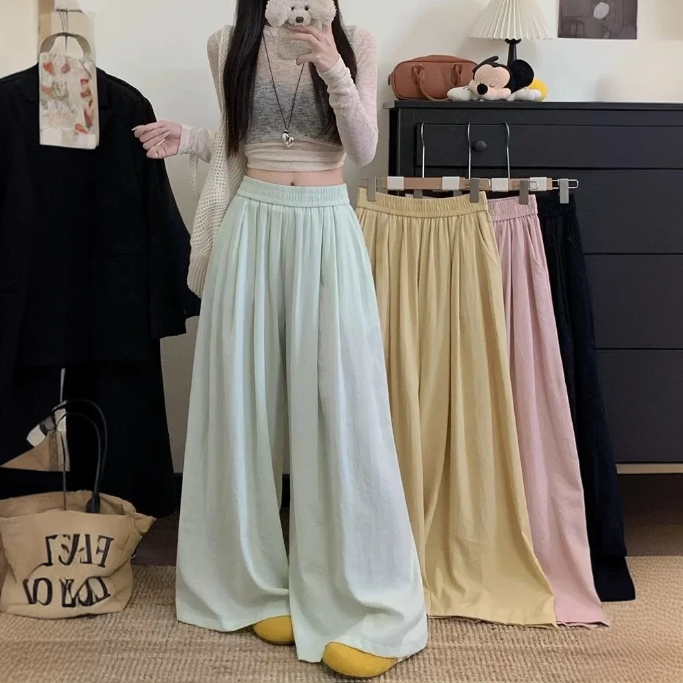 透气慵懒阔腿褶皱松紧高腰休闲裤女夏季2025新款宽松显瘦山本长裤