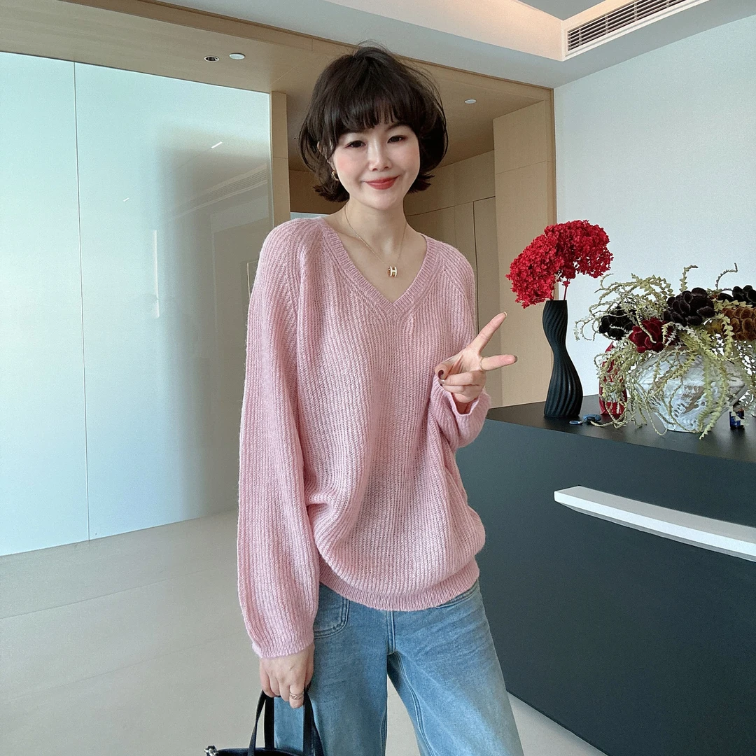 春季温柔慵懒风舒适百搭宽松显瘦V领针织毛衣