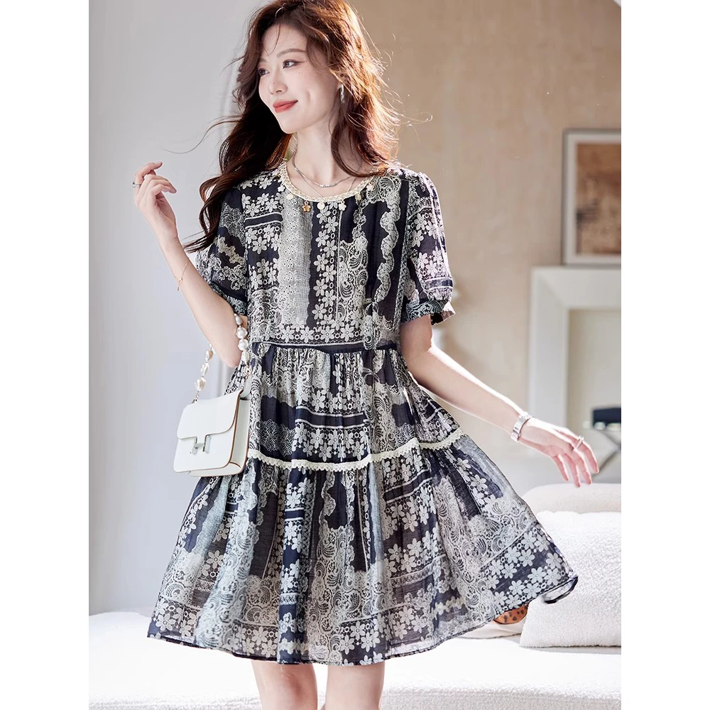 圆领印花短袖休闲连衣裙2025夏季韩系时尚气质减龄显瘦休闲裙子潮