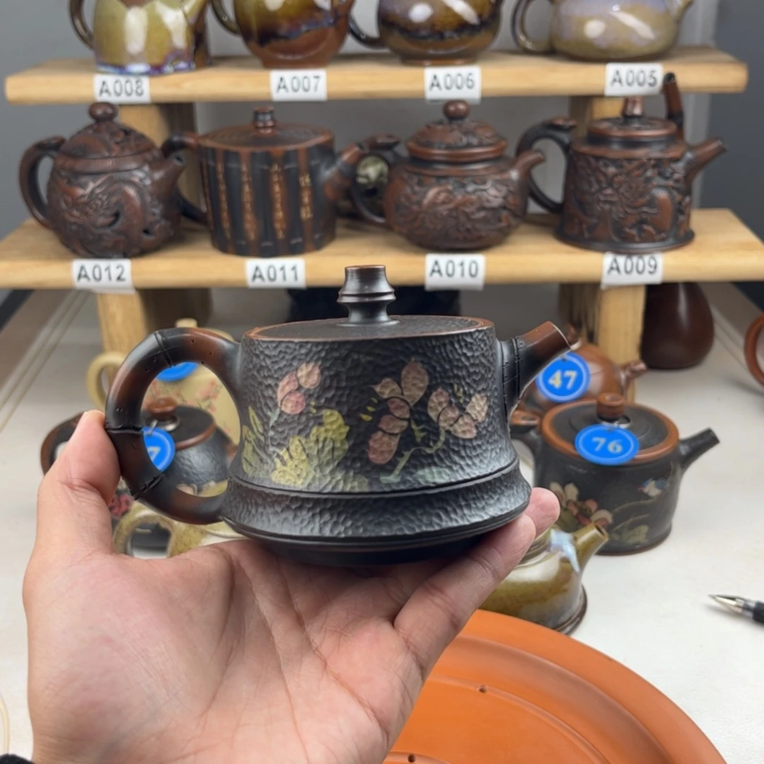 壶180cc锤纹彩填节节高，建水紫陶老手艺人全手工制作