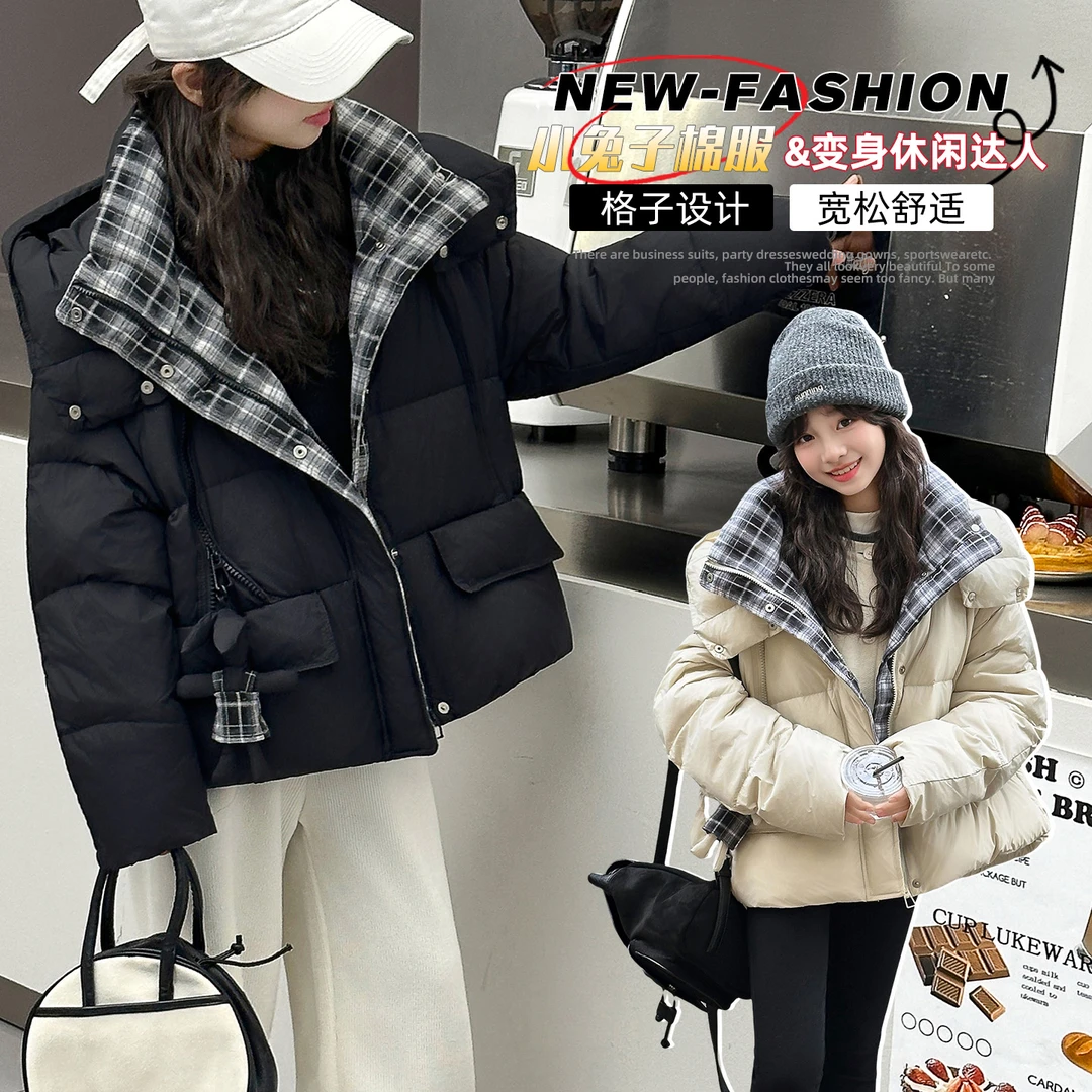 女大童棉服加厚冬装连帽外套青少年初高中生假两件连帽棉袄潮棉衣