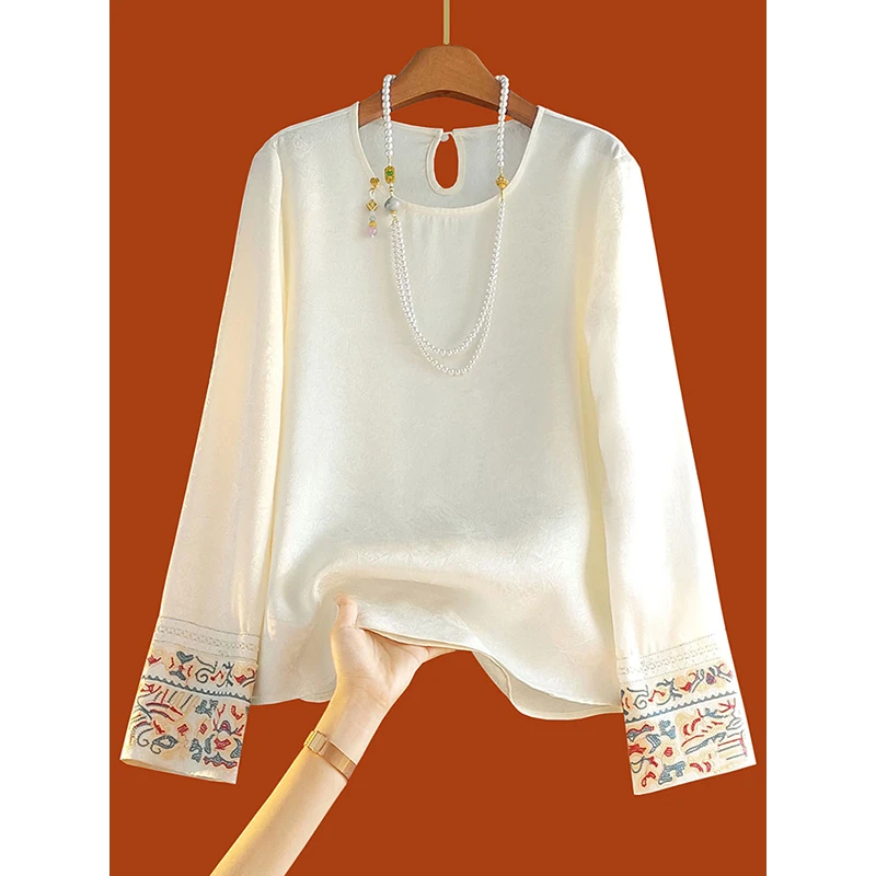 新中式花萝提花刺绣拼接长袖衬衫2025春新款白色圆领休闲别致上衣