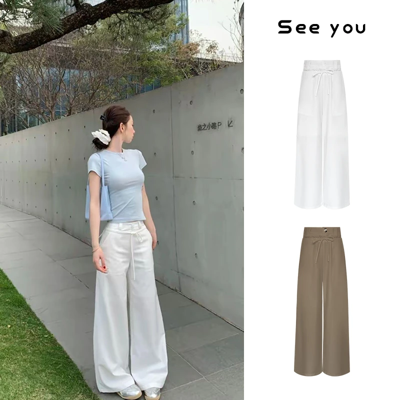 春季美式白色工装裤女阔腿休闲裤垂感拖地长裤子宽松香蕉裤z545