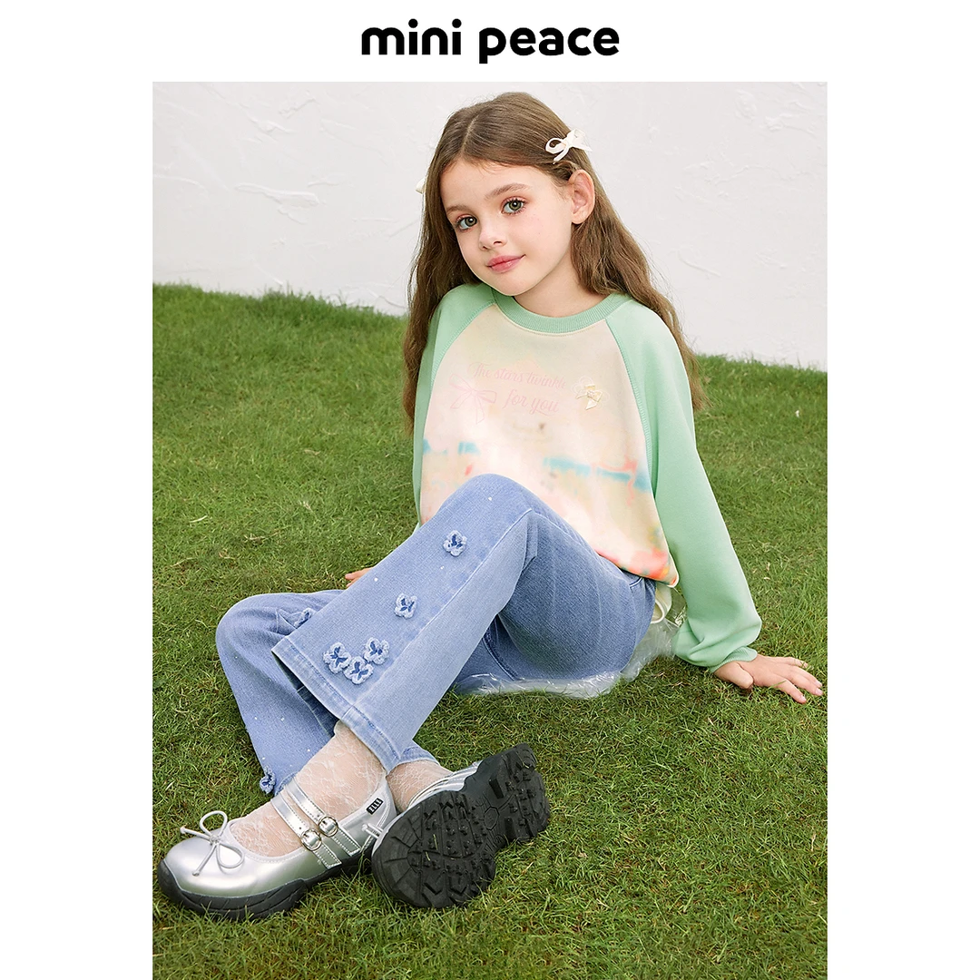 MINIPEACE太平鸟童装女童牛仔裤春季新款儿童喇叭裤女蝴蝶长裤