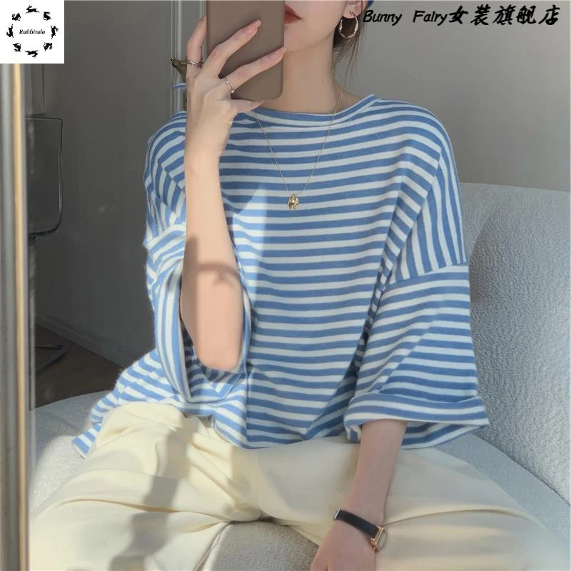 蓝白条纹t恤女夏短袖宽松纯棉潮牌2025年新款中长款欧货大版体