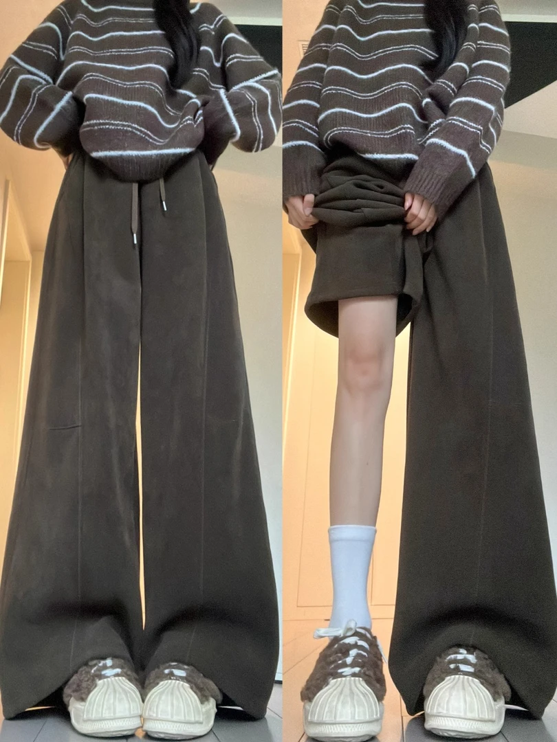 韩系高腰灯芯绒阔腿裤女秋季2025新款设计感宽松百搭显瘦休闲长裤