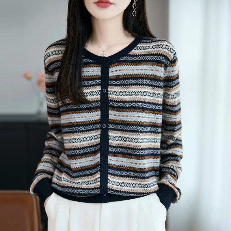 品牌时尚女装秋冬针织衫提花气质毛衣条纹复古长袖圆领针织开衫