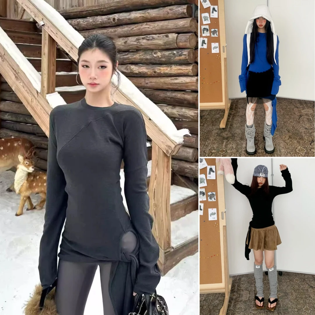 复古分割线不规则中长款上衣女修身显瘦新款打底衫长袖t恤S11499