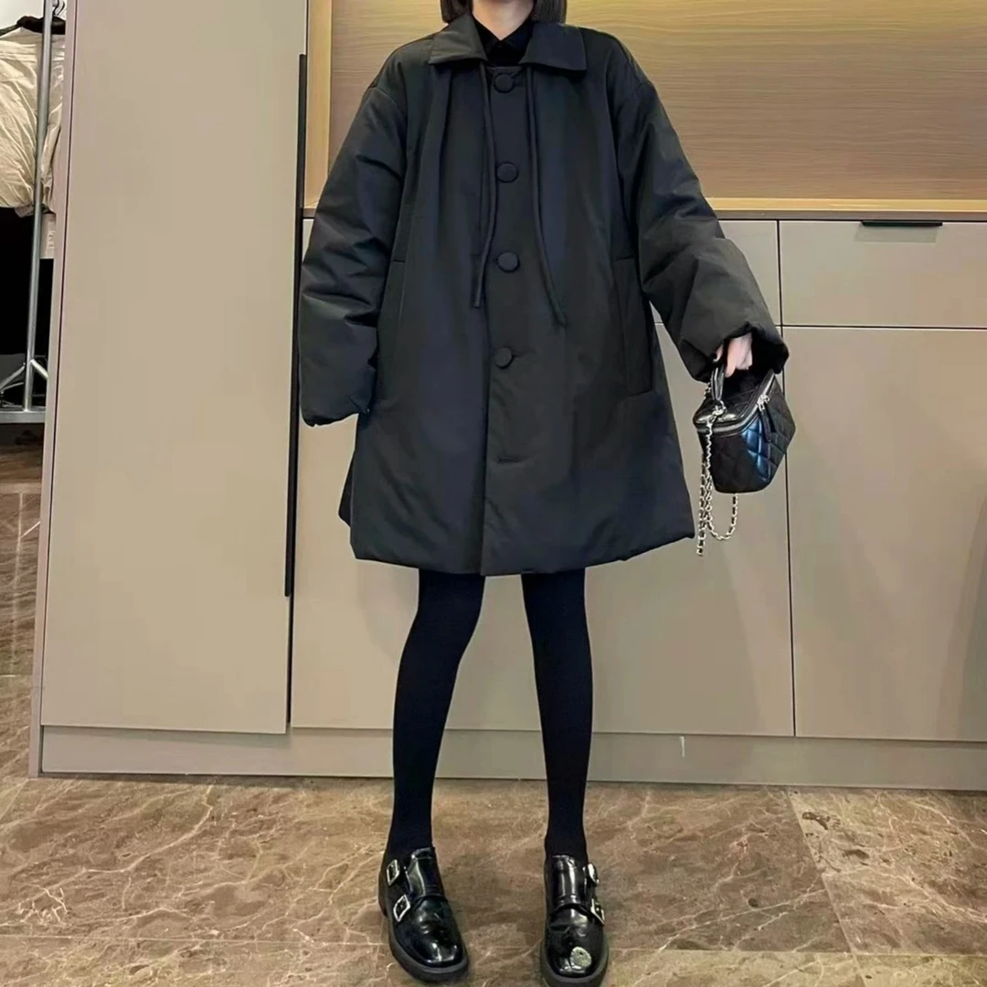 时尚保暖黑色翻领棉服2025冬季大码胖MM宽松高级感棉长袖衣外套女