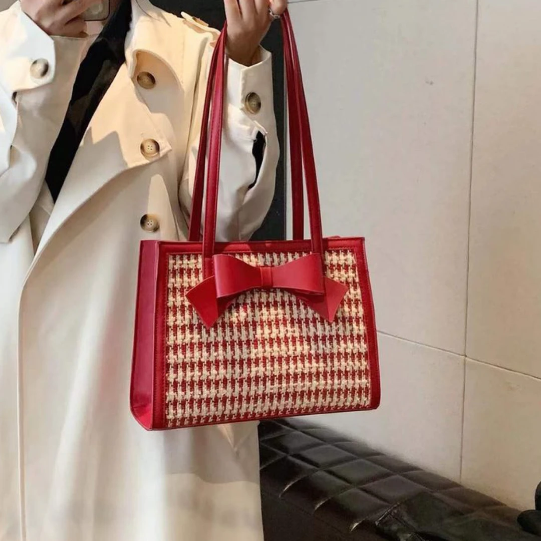 红色包包婚包女2025新款千鸟格高级感大容量单肩托特包新娘结婚包