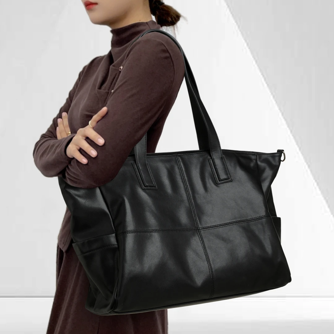 CCAMO高级感大包包女大容量2025新款真皮黑色包包女款单肩腋下包