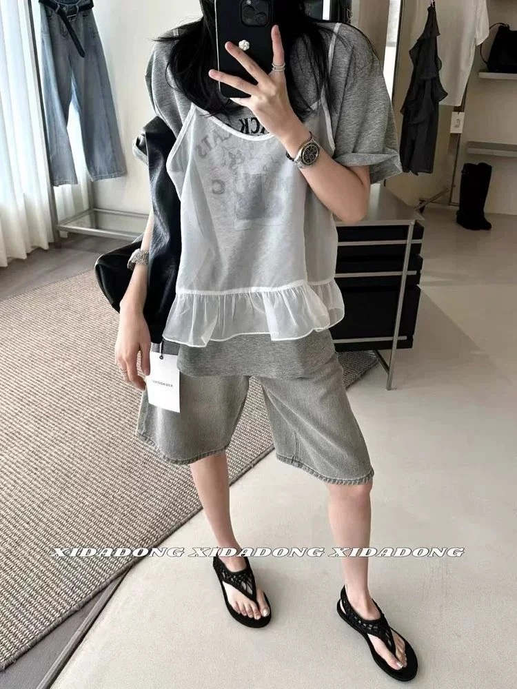 胖MM大码300斤新款夏季韩系设计感假两件吊带蕾丝卡通洋气短袖T恤