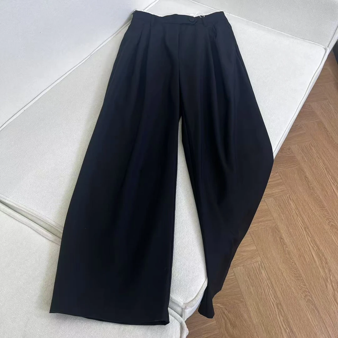 夏季新款高腰直筒休闲垂感显瘦黑色阔腿西裤H4801