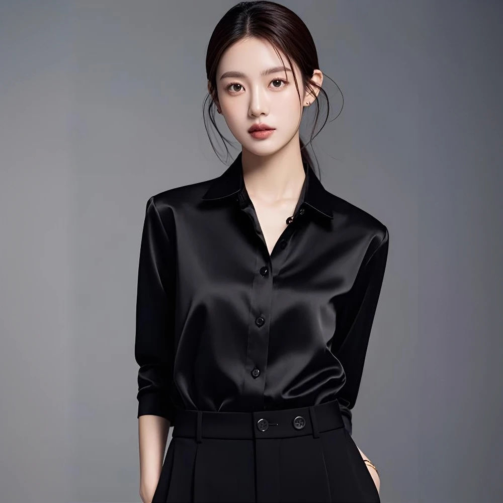 高级感轻奢醋酸缎面黑衬衫女法式纯色长袖职业法式小众OL衬衣