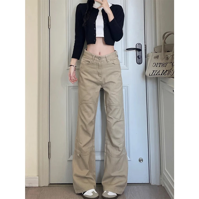 大码美式复古卡其工装牛仔裤女春季设计感高腰宽松阔腿显瘦直筒裤