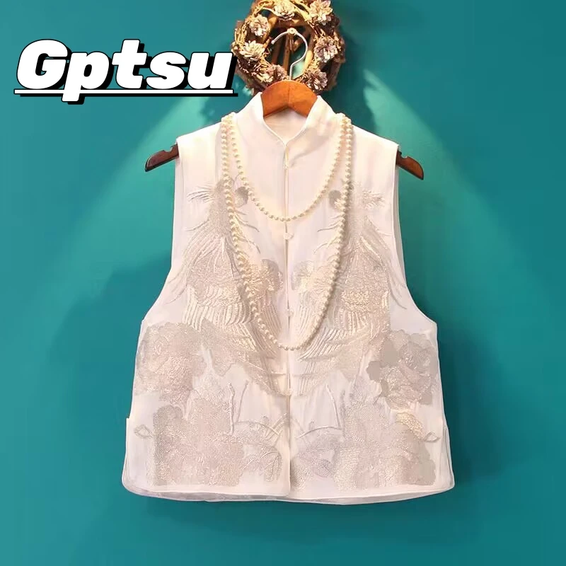 GPTSu新中式刺绣马甲女盘扣提花坎肩春醋酸缎面唐装背心国风马夹