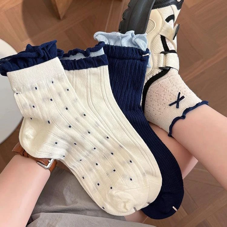 蝴蝶结袜子女夏薄款中筒网眼透气夏天薄花边木耳边日系配凉鞋白J