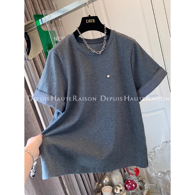 大码240斤设计感条纹袖拼接t恤女短袖2025夏新款胖mm宽松纯棉上衣