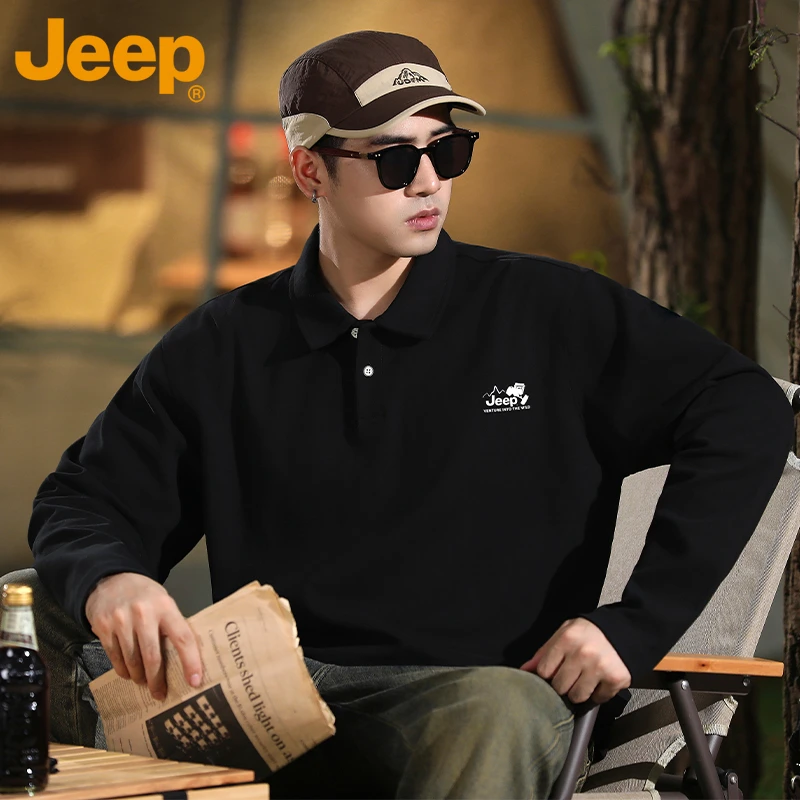 JEEP/吉普老钱风POLO衫男生春秋款翻领休闲衣服正肩美式长袖T恤衫