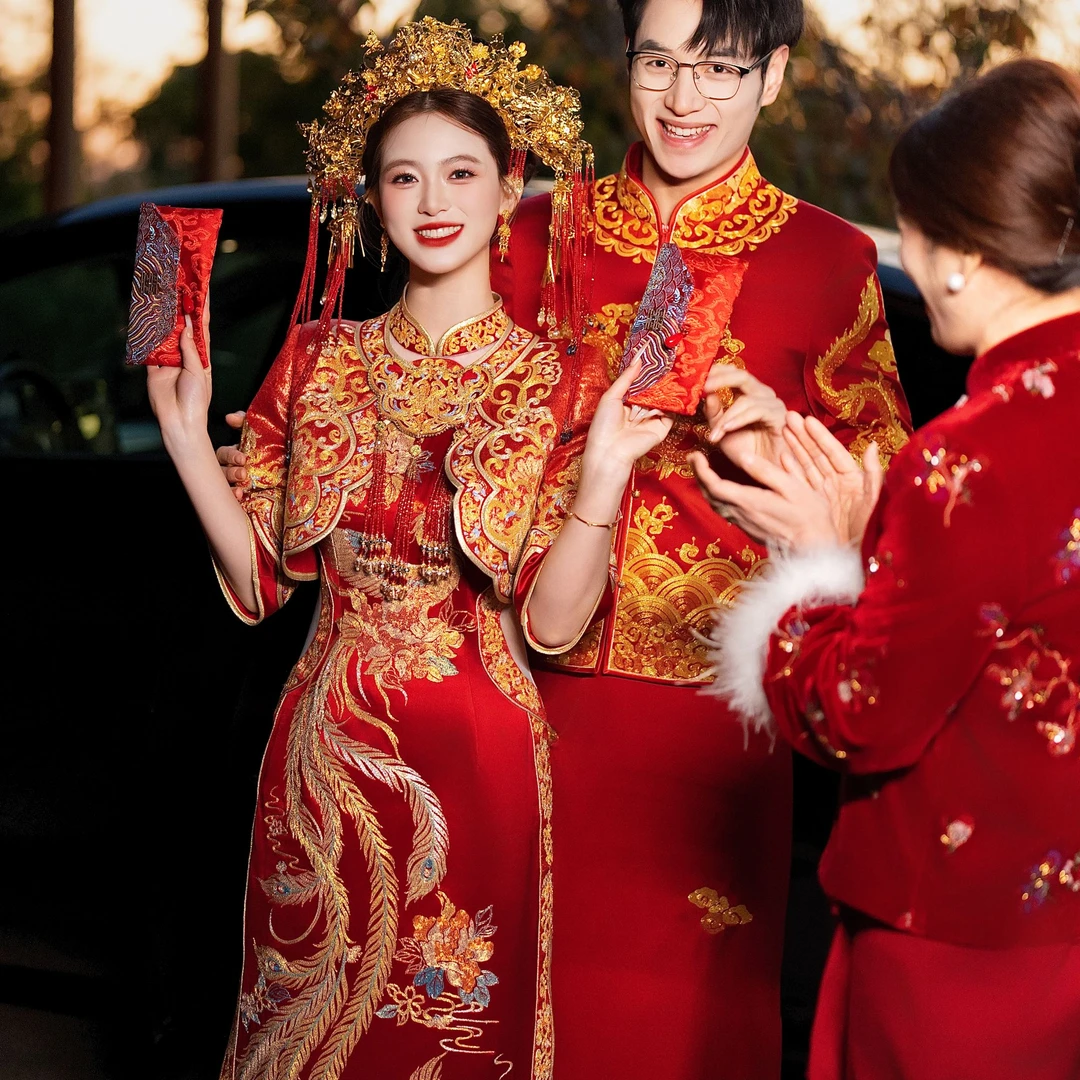 高端盘锦绣套装新娘敬酒服出阁服新款结婚出门礼服订婚旗袍两件套