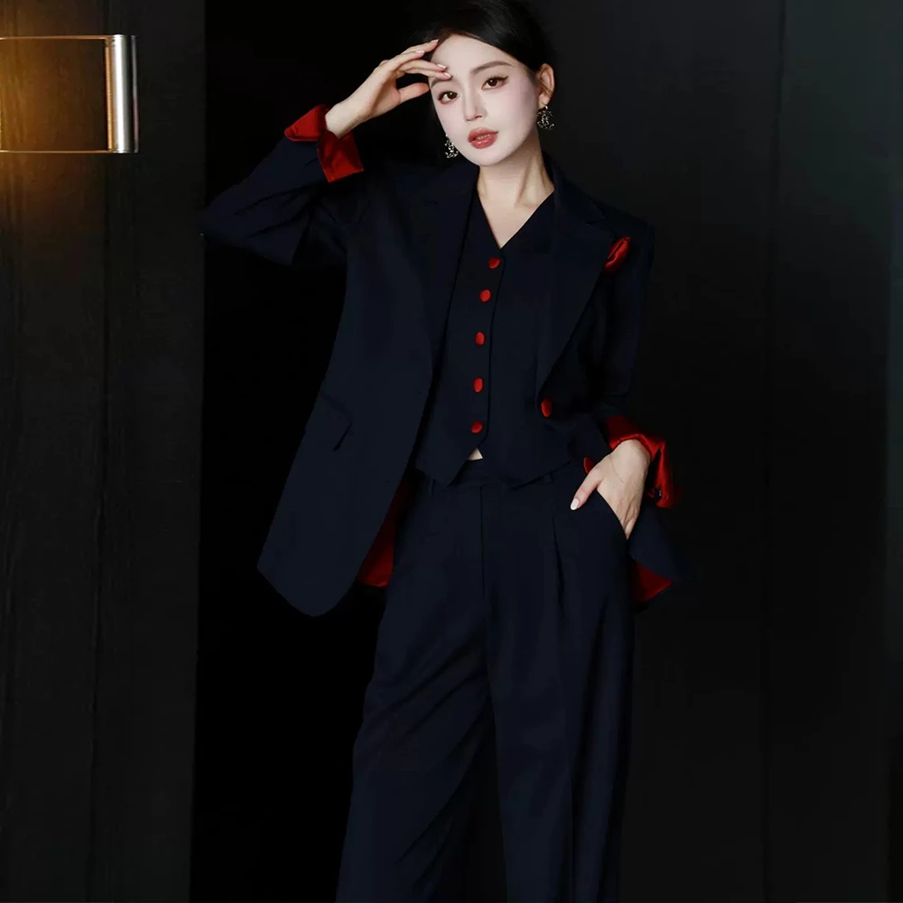 2025春秋高端时尚套装OL通勤职业正装西装马甲长裤气质三件套女