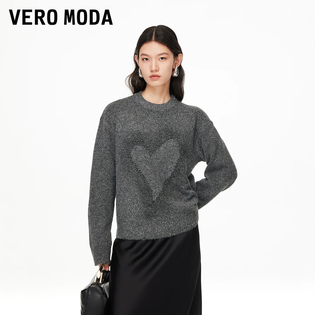 Vero Moda毛衣2025秋季新款爱心水钻图案落肩袖宽松上衣325313016