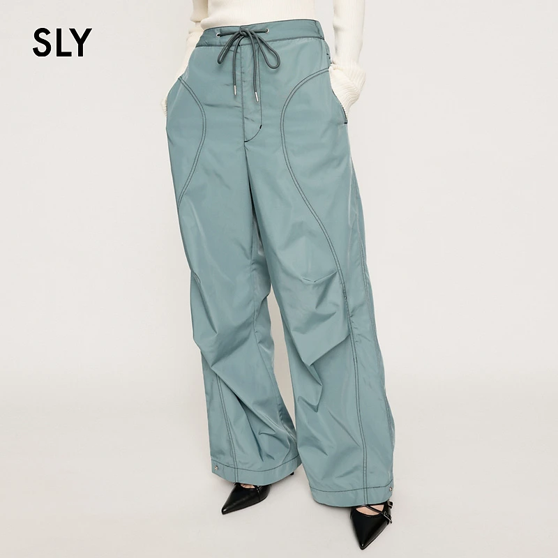 2025春季抽绳褶皱尼龙工装裤宽松休闲裤女030HSY31-0190
