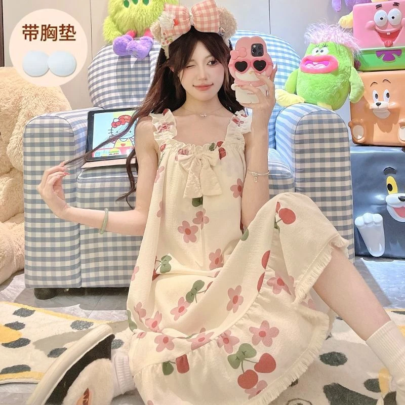 夏季清新甜美风吊带中长款碎花风连衣睡裙女带胸垫外穿睡衣家居服