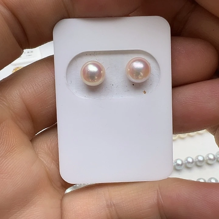 耳钉银S925镶嵌海水珍珠7-8mm海水akoya珍珠耳钉