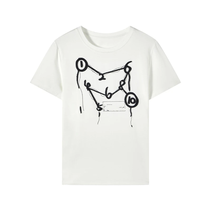 夏季简约百搭牙刷绣重工休闲百搭数字t桖修身弹力短袖女-7834