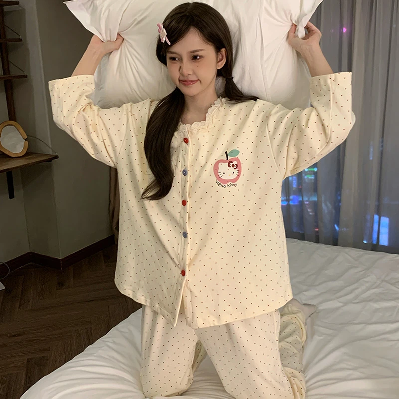 卡通kt猫睡衣女春秋季甜美可爱波点长袖长裤套装夏天可外穿家居服