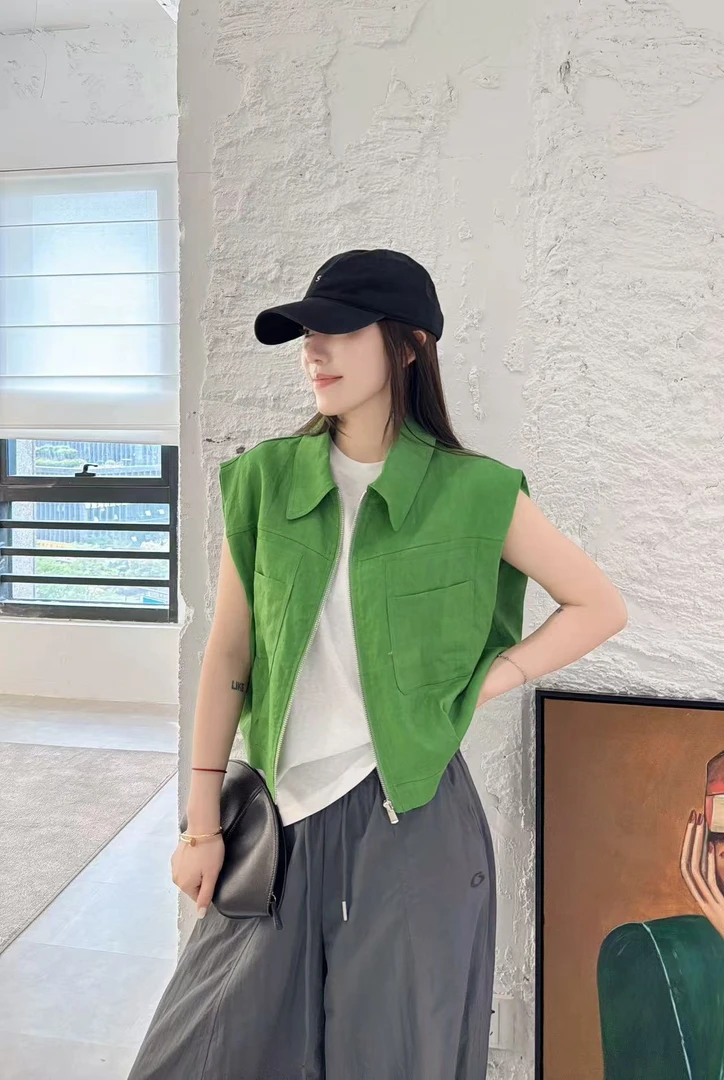 CC 100%亚麻~M胸120长50显白减龄休闲无袖外穿翻领马夹上衣 1054