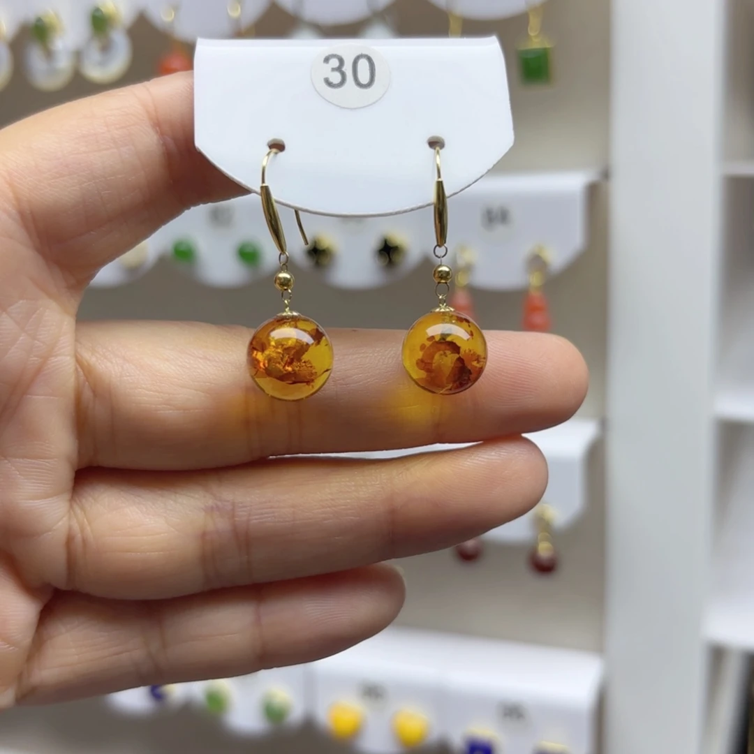琥珀（花珀）18K金镶嵌耳饰