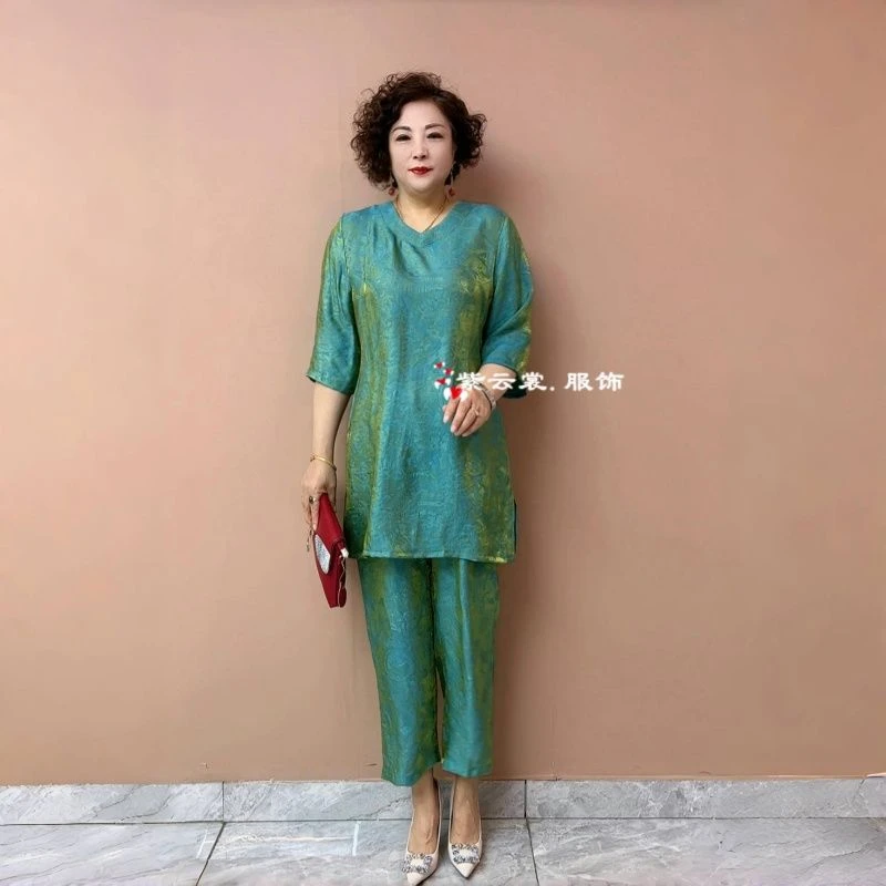 国风夏季宽松大码洋气中长款上衣小脚裤珠光变色时尚气质两件套装