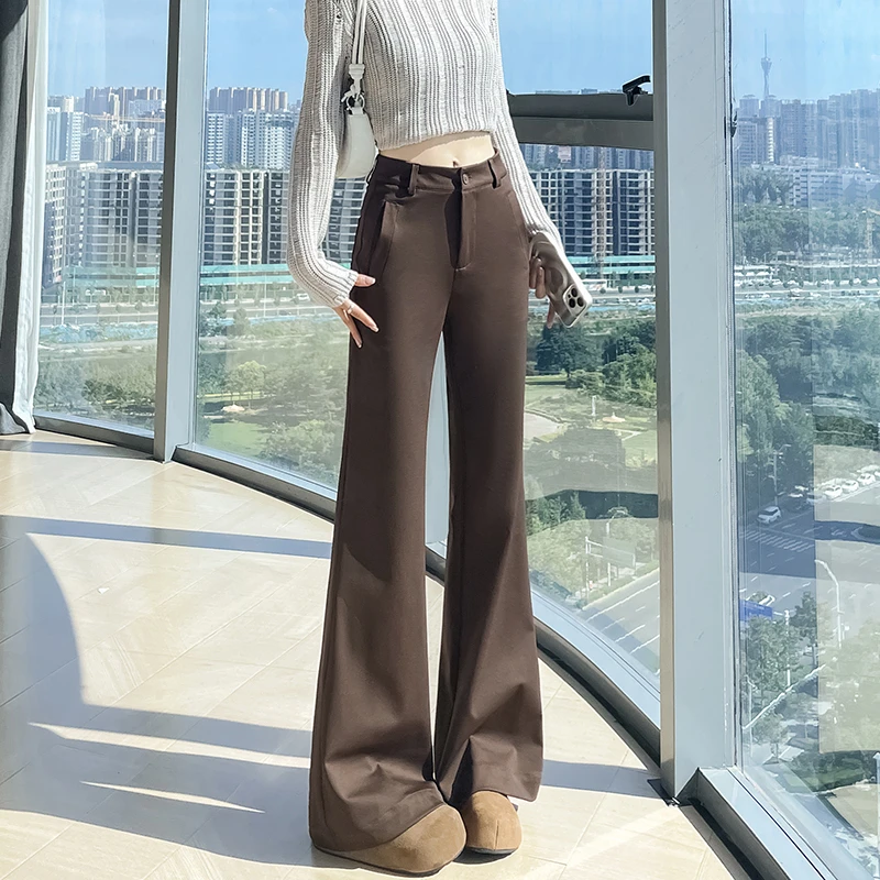 咖色西装微喇裤女春秋2025新款高腰显瘦休闲垂感气质垂感马蹄裤子