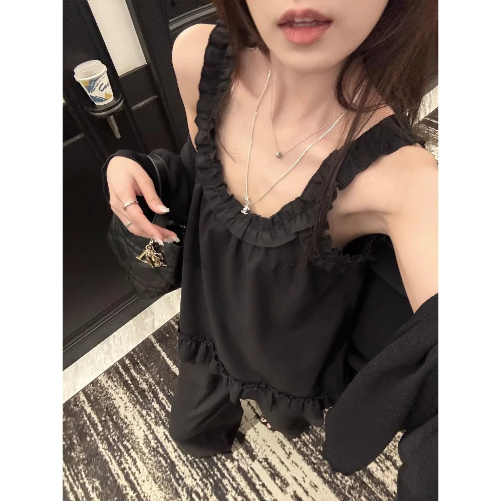 2025夏季韩版下摆拼接木耳花边抽皱吊带背心纯欲显瘦通勤上衣女