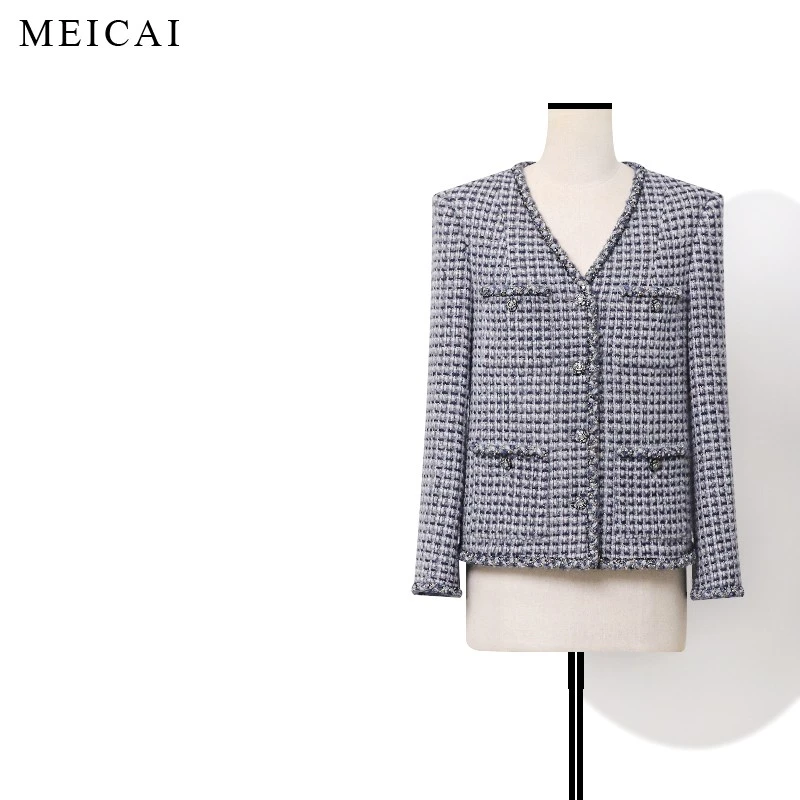 美裁“蓝色威尼斯”圈圈绒蓝灰格纹花呢羊毛休闲外套