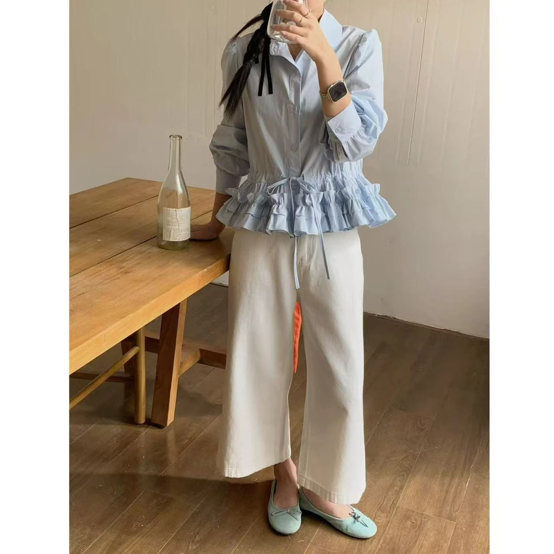 115斤内穿 韩系甜美温柔设计感下摆木耳边衬衫07932 衣长55