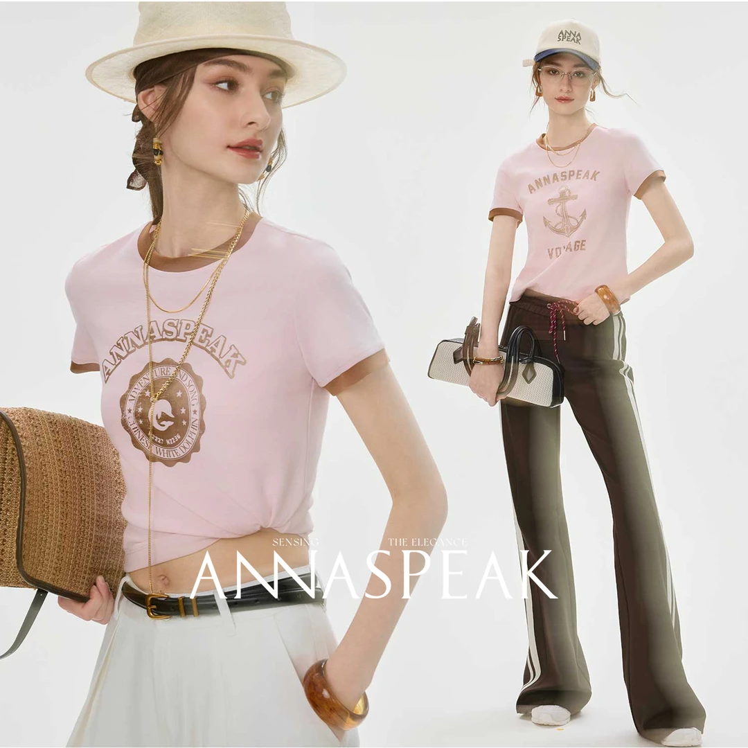 ANNASPEAK慵蓝航海系珠光海豚印花双面丝光长绒棉休闲百搭T恤夏季