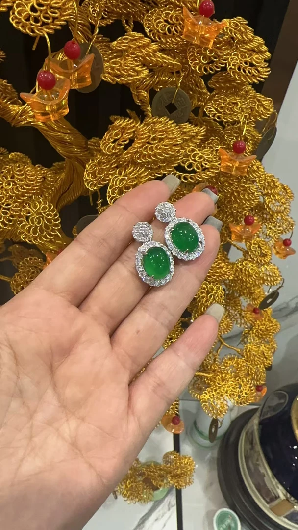 天然宝石玛瑙玉髓豪镶蛋形耳钉