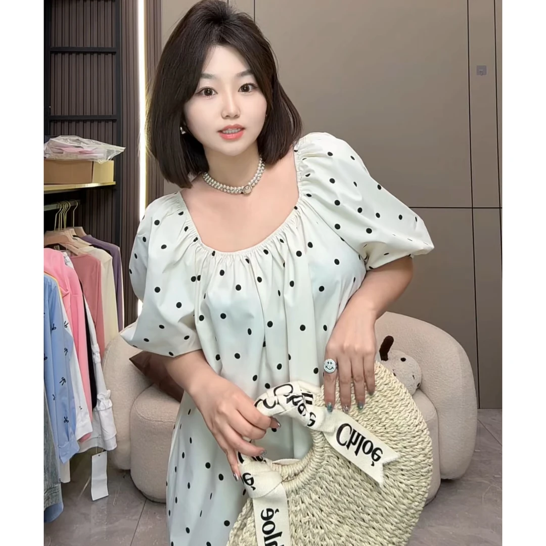 慧雯儿家自制款春款新品度假风泡泡袖波点连衣裙女