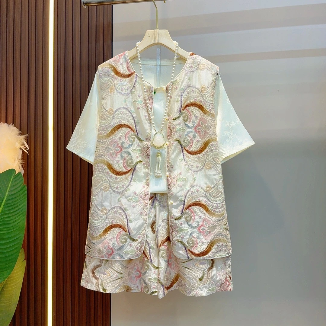 2025夏季新款气质重工亮片马甲百搭打底短裤三件套