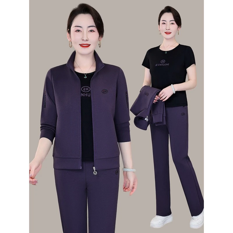 恩狐2025新款时尚中老年妈妈运动服套装女士春秋季休闲减龄三件套