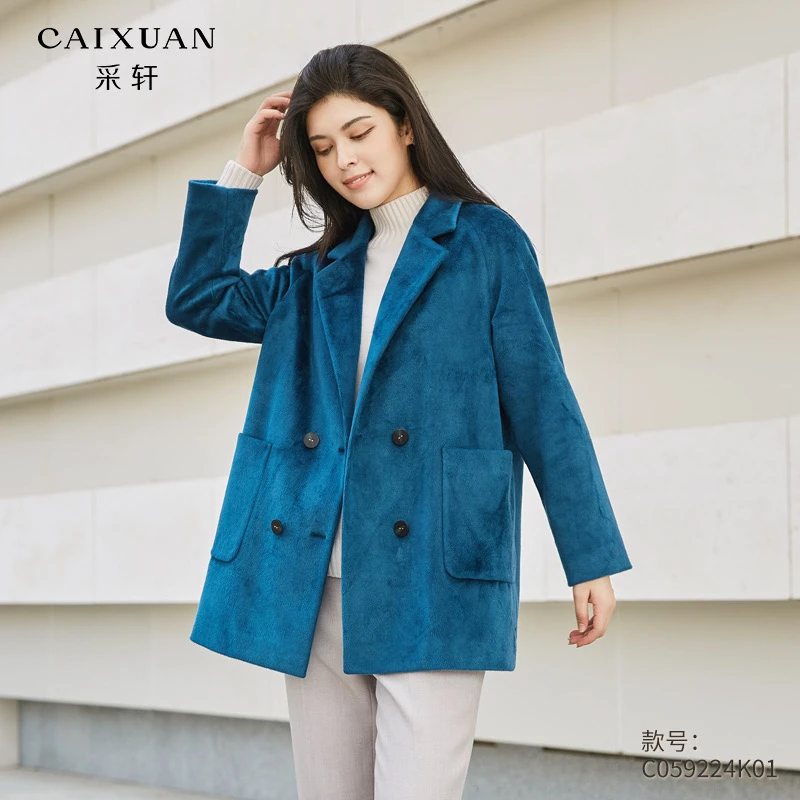 c059224k01CAIXUAN采轩复古立绒中长款翻领西装大衣外套