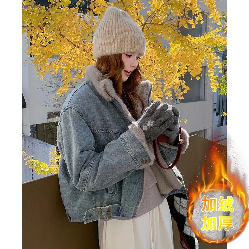 浅蓝色复古毛绒拼接牛仔短外套女2025冬季小个子加绒加厚保暖夹克